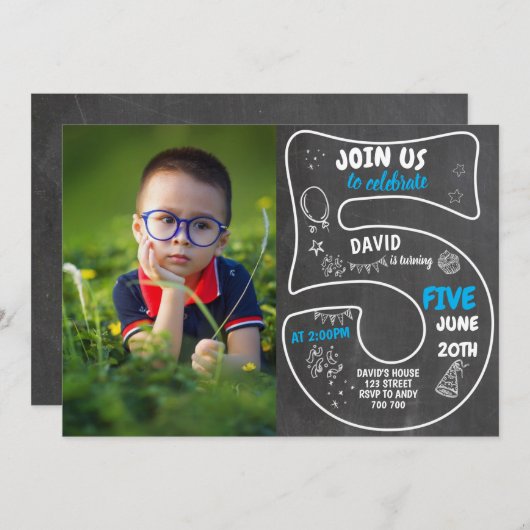 5人目の男の子誕生日の黒板(写真の青い数字) 招待状 (正面/裏面)