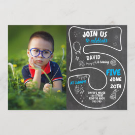 5人目の男の子誕生日の黒板（写真の青い数字） 招待状