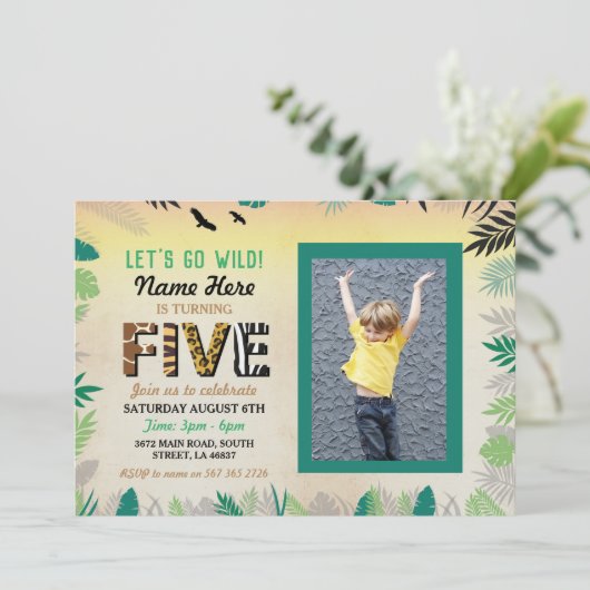 5人目の野生の5歳の誕生パーティー、サファリZOOの写真 招待状 (スタンド正面)