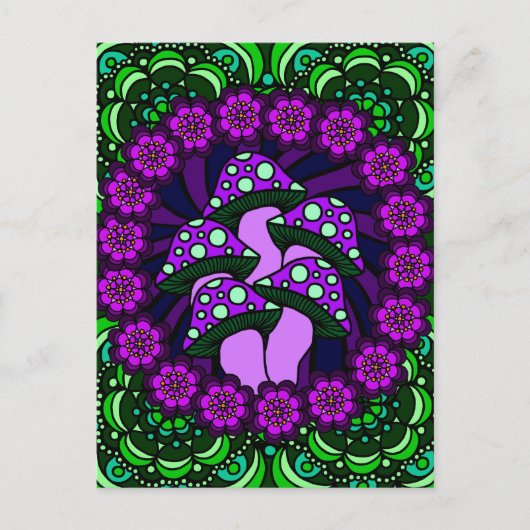 5個の紫色のきのこの郵便はがき ポストカード (正面)