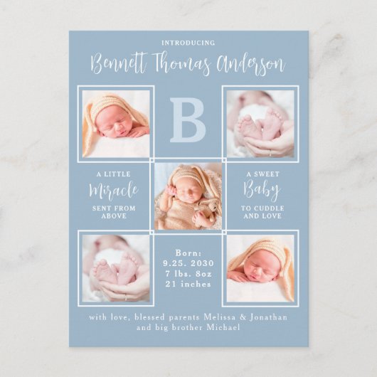5写真エレガント新生児少年の誕生のお知らせ ポストカード (正面)