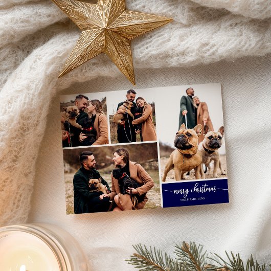 5写真コラージュスタイリッシュフォントメリークリスマスブルー ポストカード