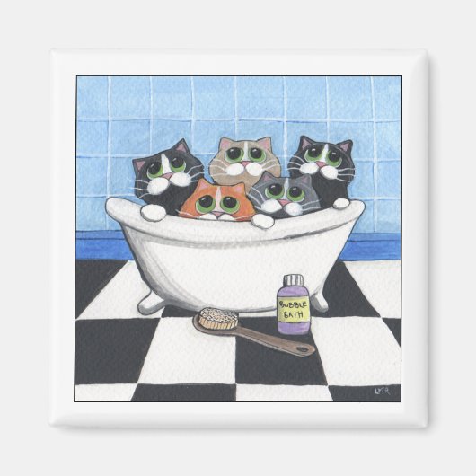 5匹の猫がお風呂に入る – Cat Magnet マグネット (正面)