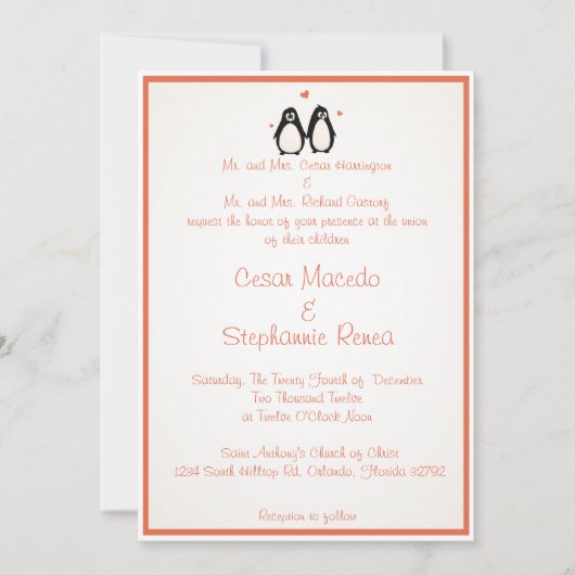 5匹x 7匹の結婚式招待状のペンギンの愛またはハートのモモ 招待状 (正面)