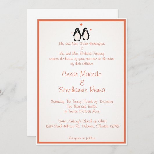 5匹x 7匹の結婚式招待状のペンギンの愛またはハートのモモ 招待状 (正面/裏面)