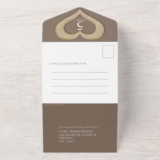 5周年の木材ハート結婚の記念日 オールインワン招待状 (外側)