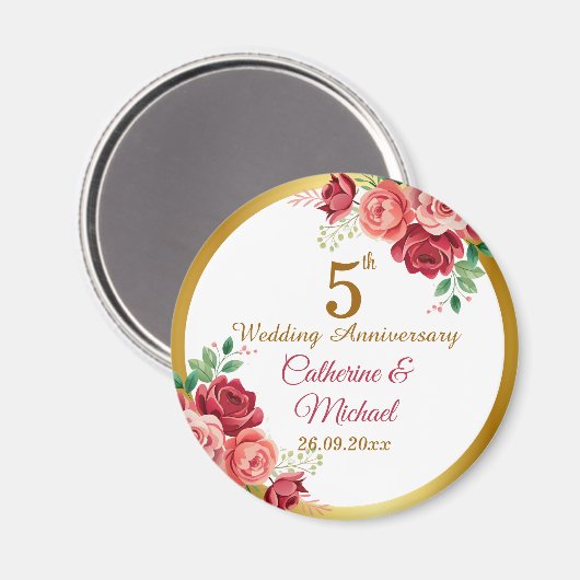 5周年の結婚記念日にゴールドフレームと花を マグネット (正面/裏面)