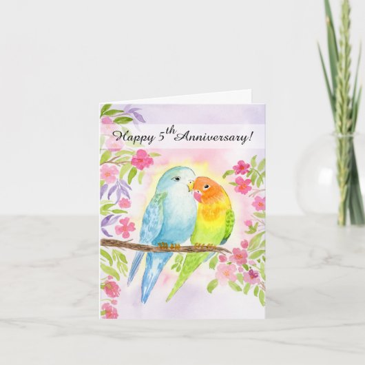 5周年の記念日おめでとう Lovebirds カード (正面)