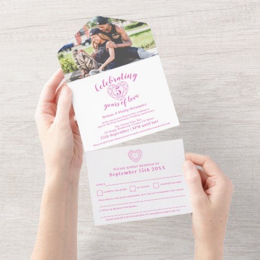 5周年ピンクツアーマリン 結婚記念日  RSVP フォト オールインワン招待状 (貼ってはがせる)