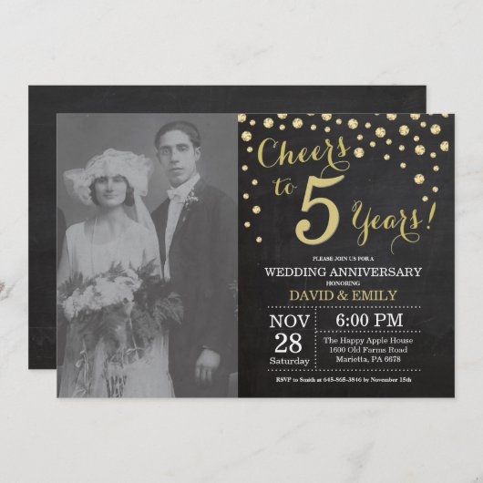 5周年結婚記念日の黒板ブラックとゴールド 招待状 (正面/裏面)
