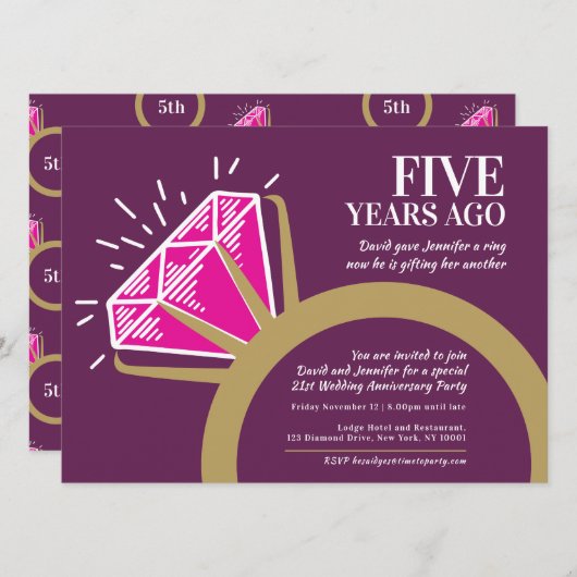 5周年結婚記念日パーティー ピンクトルマリンリング 招待状 (正面/裏面)