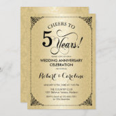5周年結婚記念日 - ブラックゴールドダマスク 招待状 (正面/裏面)