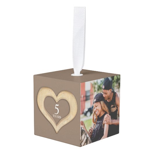 5周年記念ハートの写真 キューブオーナメント (正面アングル)
