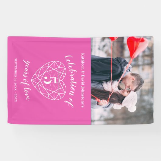 5周年記念ピンクハートパーソナライズされた写真 横断幕 (横)