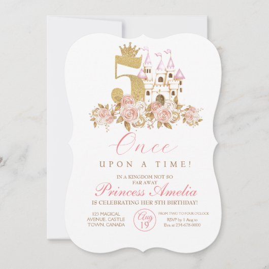 5周年記念 城の金色の王冠 プリンセス フラワーバースデー 招待状 (正面)