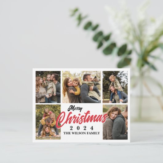5家族の写真のシンプルメリークリスマス シーズンポストカード (スタンド正面)
