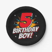 5年オールドスーパーヒーロー誕生日ボーイ5th誕生日 ペーパープレート (正面)
