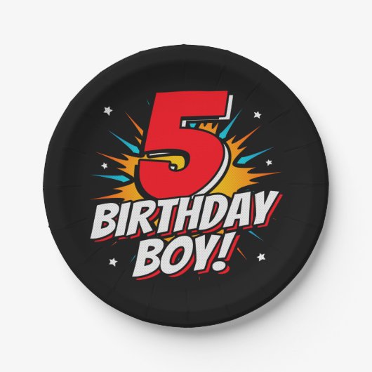 5年オールドスーパーヒーロー誕生日ボーイ5th誕生日 ペーパープレート (正面)