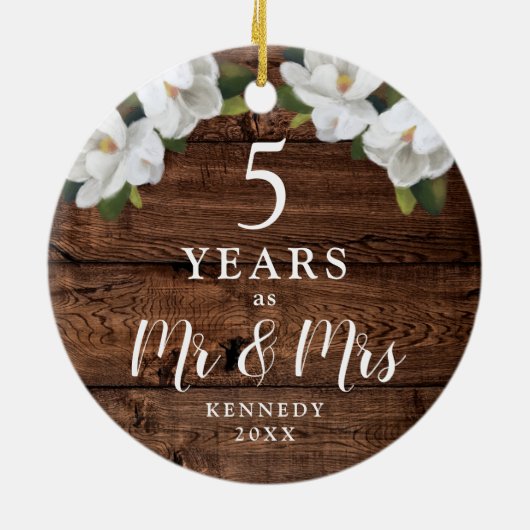 5年パーソナライズされた木の記念日ギフトさん セラミックオーナメント (裏面)