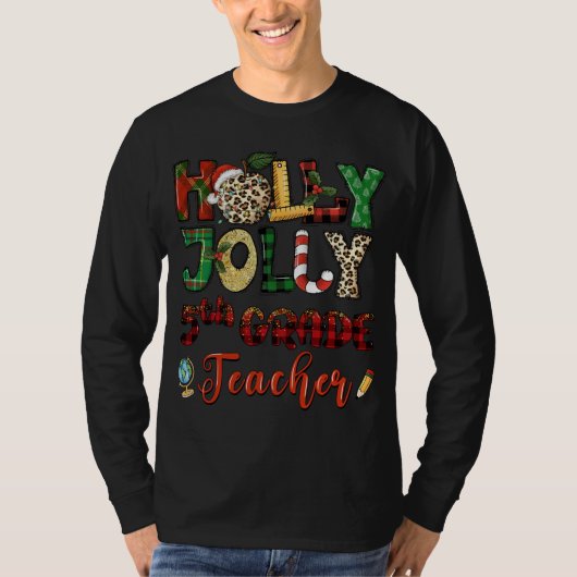 5年生すてき先生ヒョウ赤い格子柄クリスマ Tシャツ (正面)