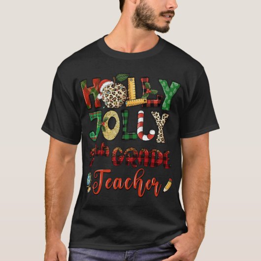 5年生すてき先生ヒョウ赤い格子柄クリスマ Tシャツ (正面)