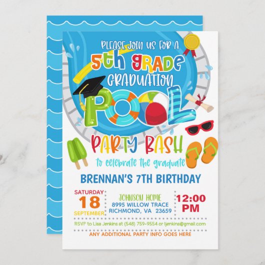 5年生の卒業プールパーティー – 少年 招待状 (正面/裏面)