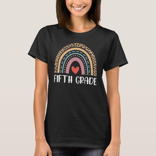 5年生ヒョウ柄プリント新学期レインボー Tシャツ (正面)