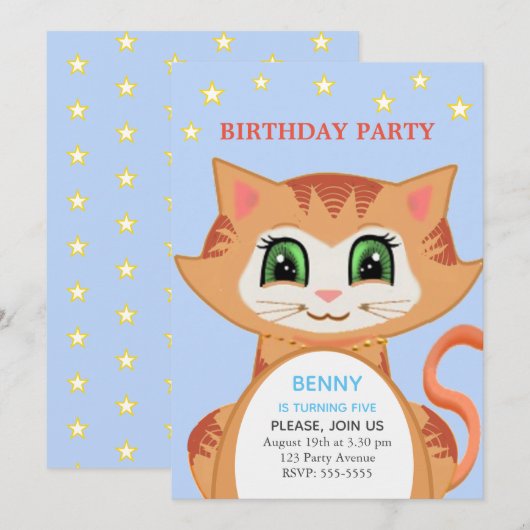 5才の男の子の誕生日パーティー招待状 - ジンジャーネコ 招待状 (正面/裏面)