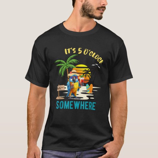 5時どこかでオウムの夕焼け飲み Tシャツ (正面)