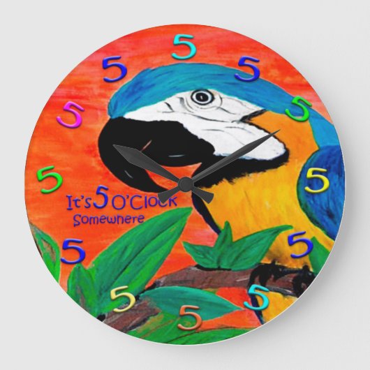 5時のオウムの壁掛け時計 ラージ壁時計 (正面)