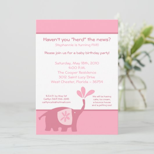 5時間365日のカウトピンクエレファント誕生パーティーの招待 招待状 (スタンド正面)