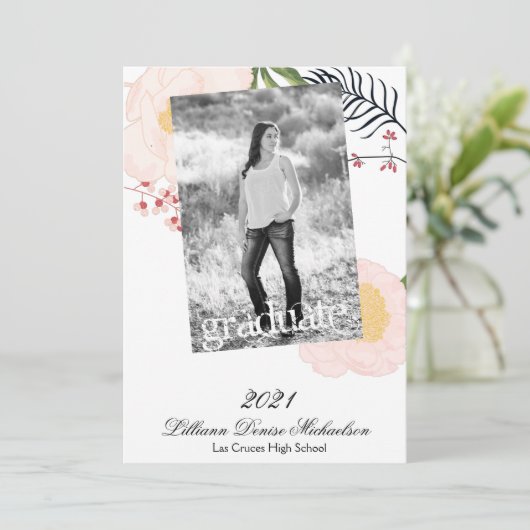 5時間365日のシニア発表ベビーPink Cosmos on White 案内状 (スタンド正面)