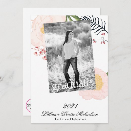 5時間365日のシニア発表ベビーPink Cosmos on White 案内状 (正面/裏面)