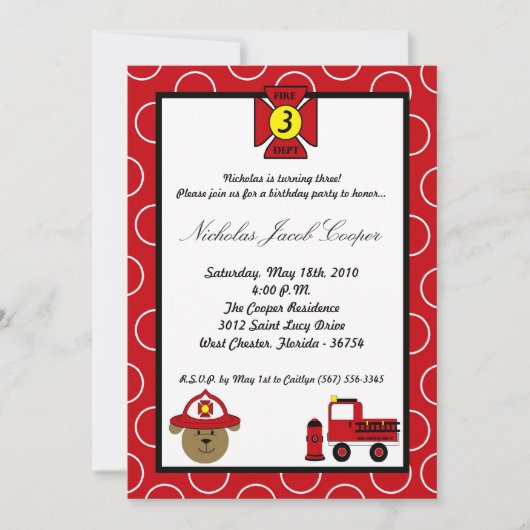 5時間365日のファイアドッグ消防車誕生日パーティの招待 招待状 (正面)