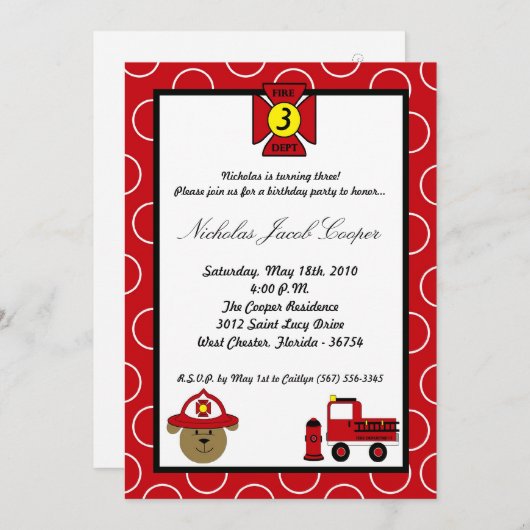 5時間365日のファイアドッグ消防車誕生日パーティの招待 招待状 (正面/裏面)