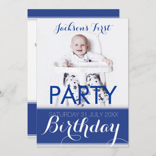 5時間365日のフォト男の赤ちゃん誕生日パーティーへの招待 招待状 (正面/裏面)
