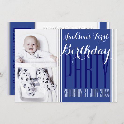 5時間365日のフォト男の赤ちゃん誕生日パーティーへの招待 招待状 (正面/裏面)