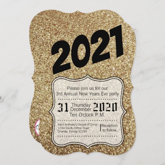 5時間365日の新しい年イブパーティの招待状金ゴールドグリッター 招待状 (正面/裏面)