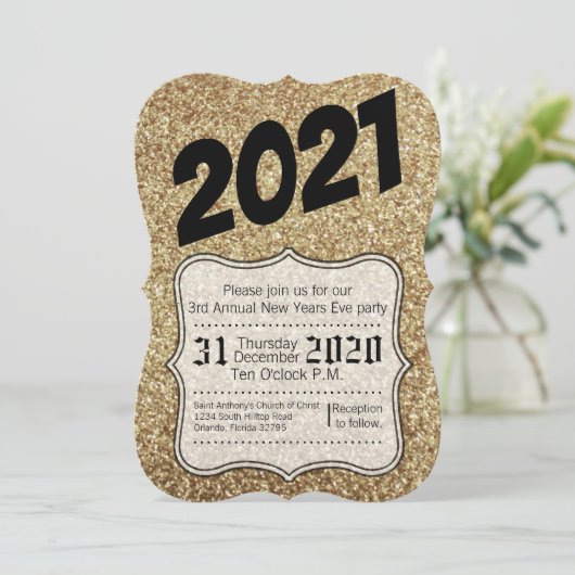 5時間365日の新しい年イブパーティの招待状金ゴールドグリッター 招待状 (スタンド正面)