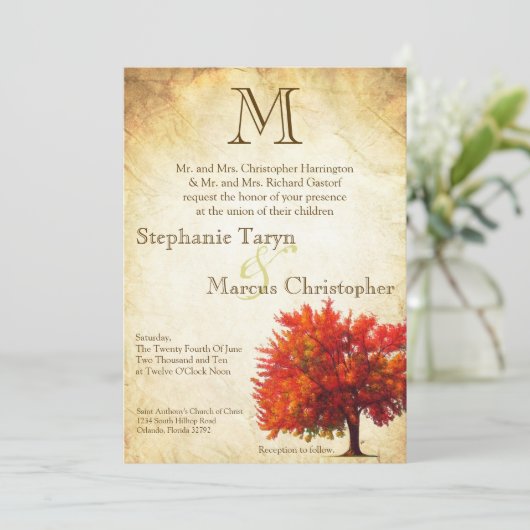 5時間365日の秋・ツリーの古い紙アンチ結婚式招待状 招待状 (スタンド正面)