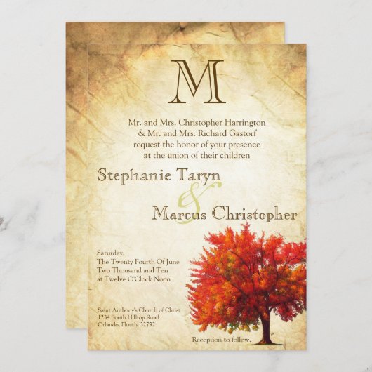 5時間365日の秋・ツリーの古い紙アンチ結婚式招待状 招待状 (正面/裏面)