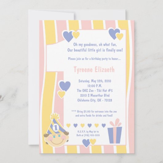 5時間365日ガーリー1歳の誕生日パーティーへの招待 招待状 (正面)