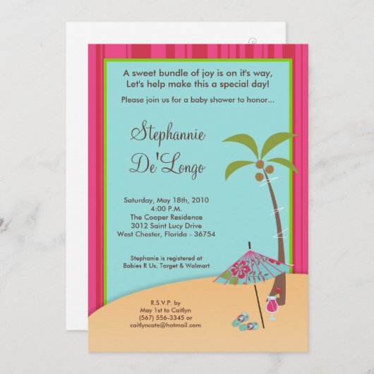 5時間365日、ビーチ熱帯ベビーシャワー招待状 招待状 (正面/裏面)