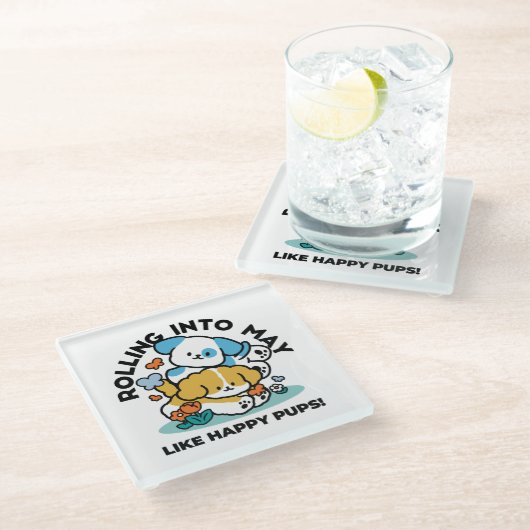 5月転がにハッピーアップのように – かわいい春犬 ガラスコースター (アングル)