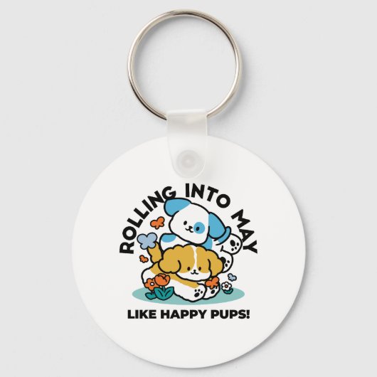 5月転がにハッピーアップのように – かわいい春犬 キーホルダー (正面)