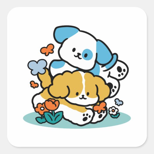 5月転がにハッピーアップのように – かわいい春犬 スクエアシール (正面)