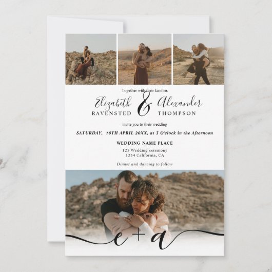 5枚のエレガント写真モダンスクリプ結婚トの白黒 招待状 (正面)