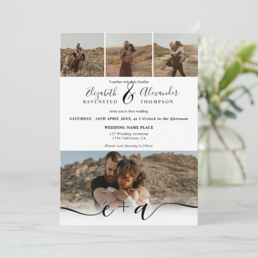 5枚のエレガント写真モダンスクリプ結婚トの白黒 招待状 (スタンド正面)