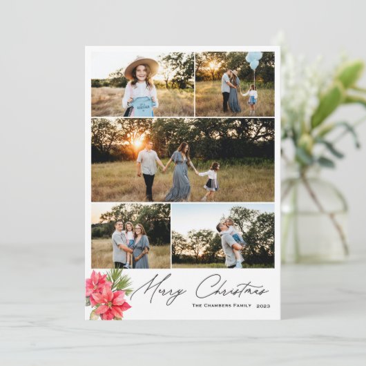 5枚のモダン写真メリークリスマスポインセチア シーズンカード (スタンド正面)