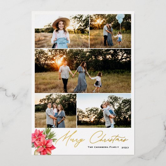 5枚のモダン写真メリークリスマスポインセチア 箔シーズンカード (正面)